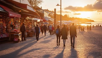 Livlig gatuscen i en dansk stad vid solnedgången, upplyst av gyllene ljus. Turister och lokalbefolkning går förbi skyltfönster med färgglada utställningar, njuter av gatumat och interagerar i livliga offentliga utrymmen. Smarta fotstegssensorer och WiFi-teknik samlar diskret in besöksdata från lyktstolpar och byggnader. I bakgrunden syns en sandstrand med flanerande besökare som förstärker den dynamiska stadskänslan. Denna smarta stad optimeras genom datadrivna insikter och utnyttjar besöksanalyser för förbättrad stadsplanering och detaljhandelsupplevelser.